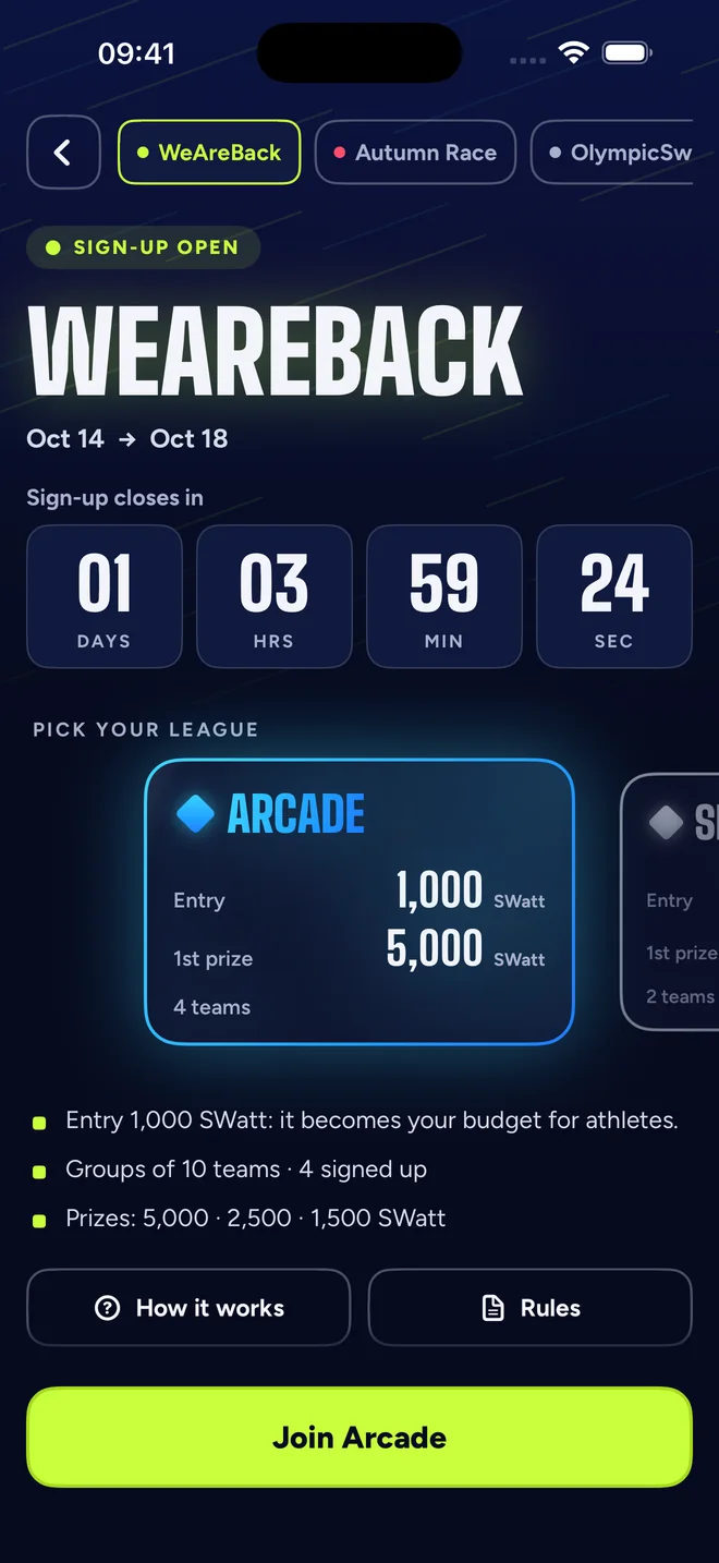 SwattRacing app screen: Races between teams.