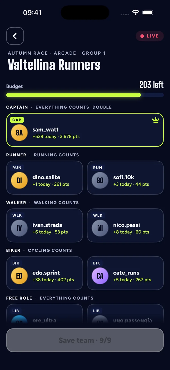 SwattRacing app screen: Your roster of nine athletes.