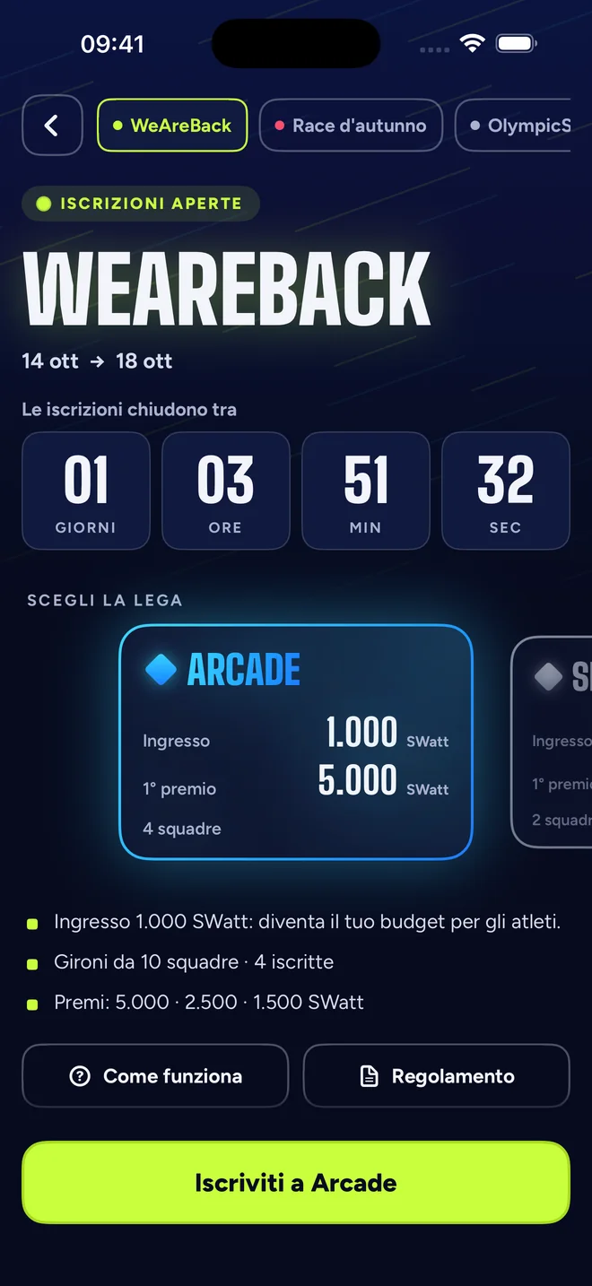 Schermata dell’app SwattRacing: Le race tra squadre.