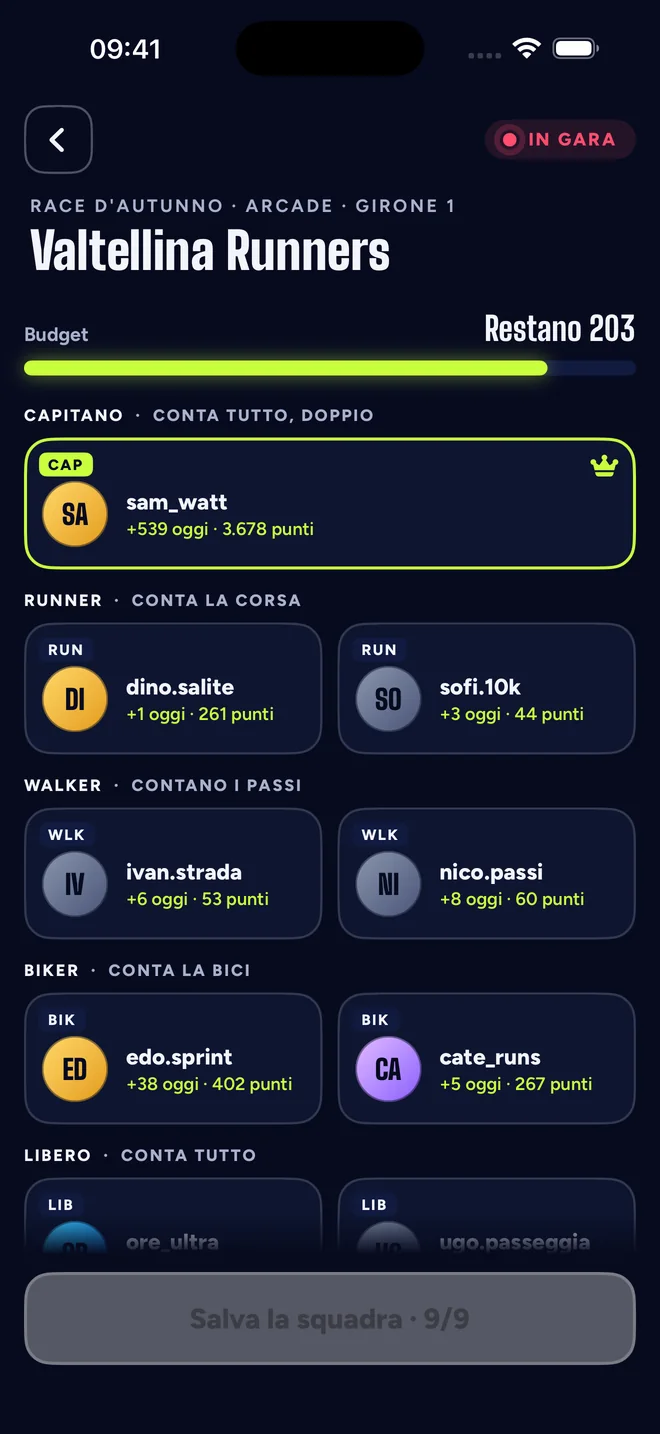 Schermata dell’app SwattRacing: La tua rosa di nove atleti.